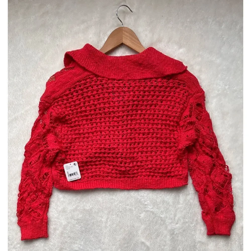 NWT Free People Sedona Open Knit Cropped Cardigan in Guava Berry, Size Small